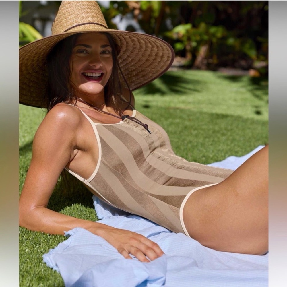 Aerie Shine Henley One Piece Swimsuit | Beige | Size XS